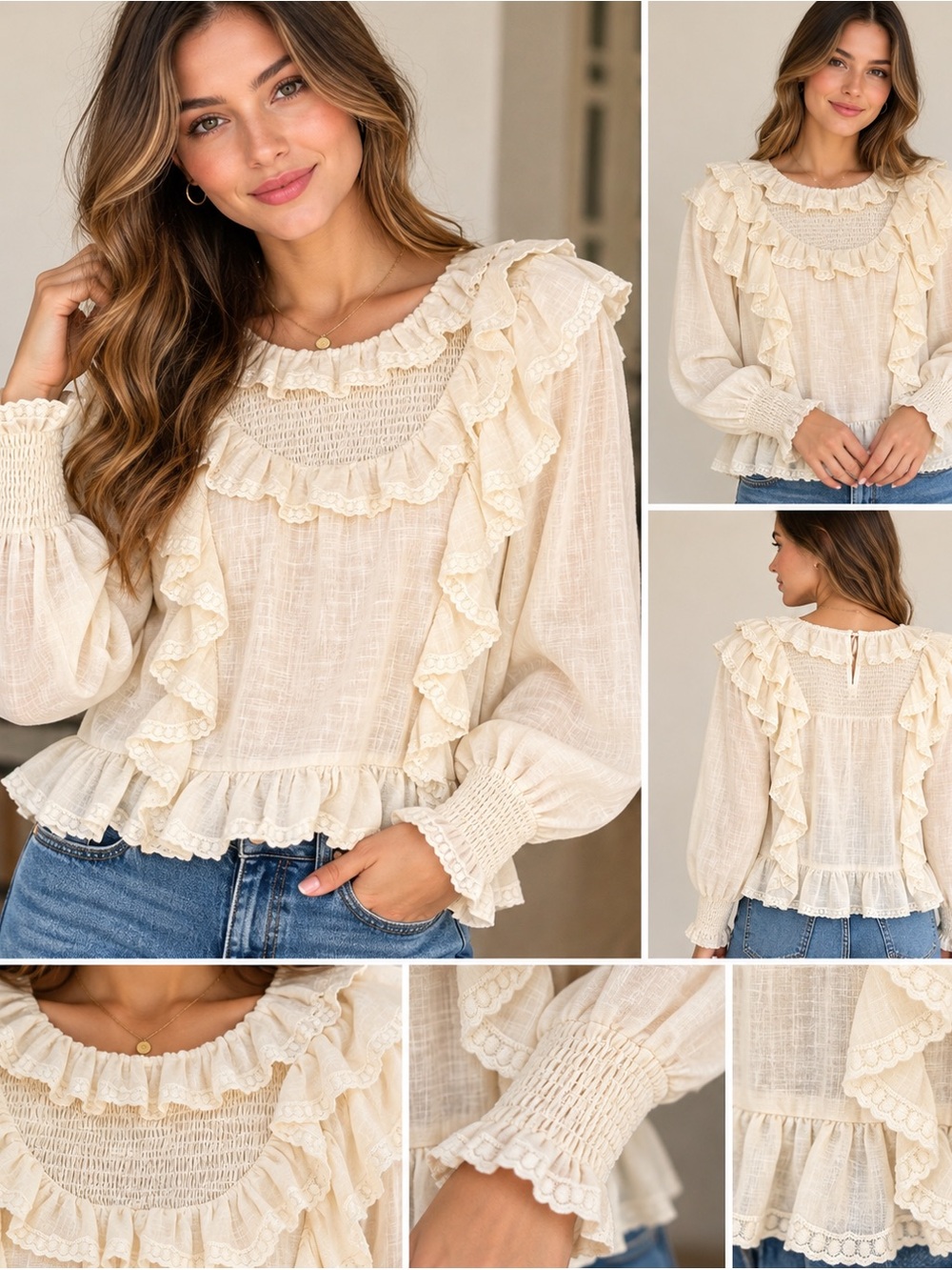 Women’s Cream Ruffle Peasant Blouse - Smocked Yoke Long Sleeve